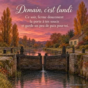 Un filet d’eau anime le bassin d’une écluse bourguignonne aux portes fermées sous le ciel rose du soir, avec le texte « Demain, c’est lundi Ce soir, ferme doucement la porte à tes soucis et garde un peu de paix pour toi. ».