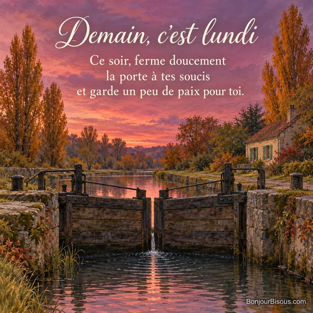 Un filet d’eau anime le bassin d’une écluse bourguignonne aux portes fermées sous le ciel rose du soir, avec le texte « Demain, c’est lundi Ce soir, ferme doucement la porte à tes soucis et garde un peu de paix pour toi. ». Un filet d’eau anime le bassin d’une écluse bourguignonne aux portes fermées sous le ciel rose du soir, avec le texte « Demain, c’est lundi Ce soir, ferme doucement la porte à tes soucis et garde un peu de paix pour toi. ».