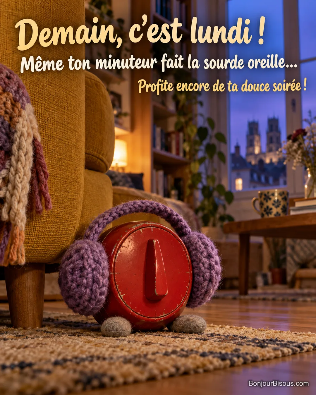 Un minuteur rouge porte un gros cache-oreilles violet au pied d’un fauteuil, avec le texte « Demain, c’est lundi ! Même ton minuteur fait la sourde oreille… Profite encore de ta douce soirée ! ». Un minuteur rouge porte un gros cache-oreilles violet au pied d’un fauteuil, avec le texte « Demain, c’est lundi ! Même ton minuteur fait la sourde oreille… Profite encore de ta douce soirée ! ».