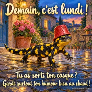 Une salamandre avance fièrement avec un dé à coudre rouge porté comme un casque, avec le texte « Demain, c’est lundi ! Tu as sorti ton casque ? Garde surtout ton humour bien au chaud ! ».
