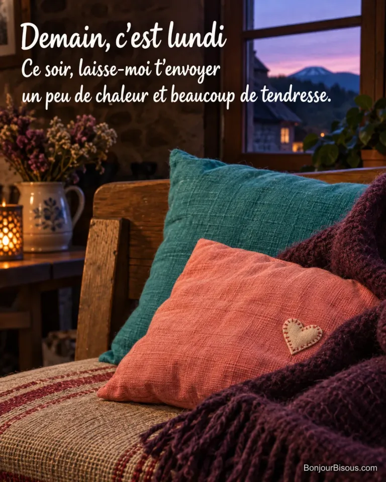 Un coussin chauffant rose est enveloppé dans un plaid près d’une fenêtre du soir, avec le texte « Demain, c’est lundi Ce soir, laisse-moi t’envoyer un peu de chaleur et beaucoup de tendresse. ».