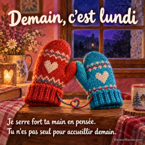 Deux moufles vermillon et turquoise se rejoignent comme une étreinte devant la nuit, avec le texte « Demain, c’est lundi Je serre fort ta main en pensée. Tu n’es pas seul pour accueillir demain. ».