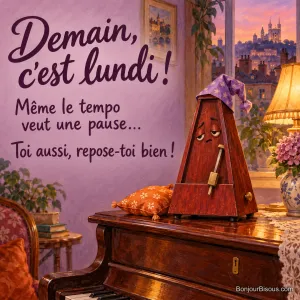 Un métronome au balancier avachi porte un bonnet de nuit dans un salon lyonnais, avec le message « Demain, c’est lundi ! Même le tempo veut une pause… Toi aussi, repose-toi bien ! ».