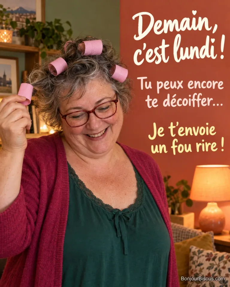 Une femme rit en retirant les rouleaux de papier utilisés comme bigoudis dans ses cheveux, avec le message « Demain, c’est lundi ! Tu peux encore te décoiffer… Je t’envoie un fou rire ! ».