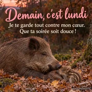 Une laie et son petit marcassin rayé se blottissent à l’orée d’une forêt du Morvan, avec le message « Demain, c’est lundi Je te garde tout contre mon cœur. Que ta soirée soit douce ! ».