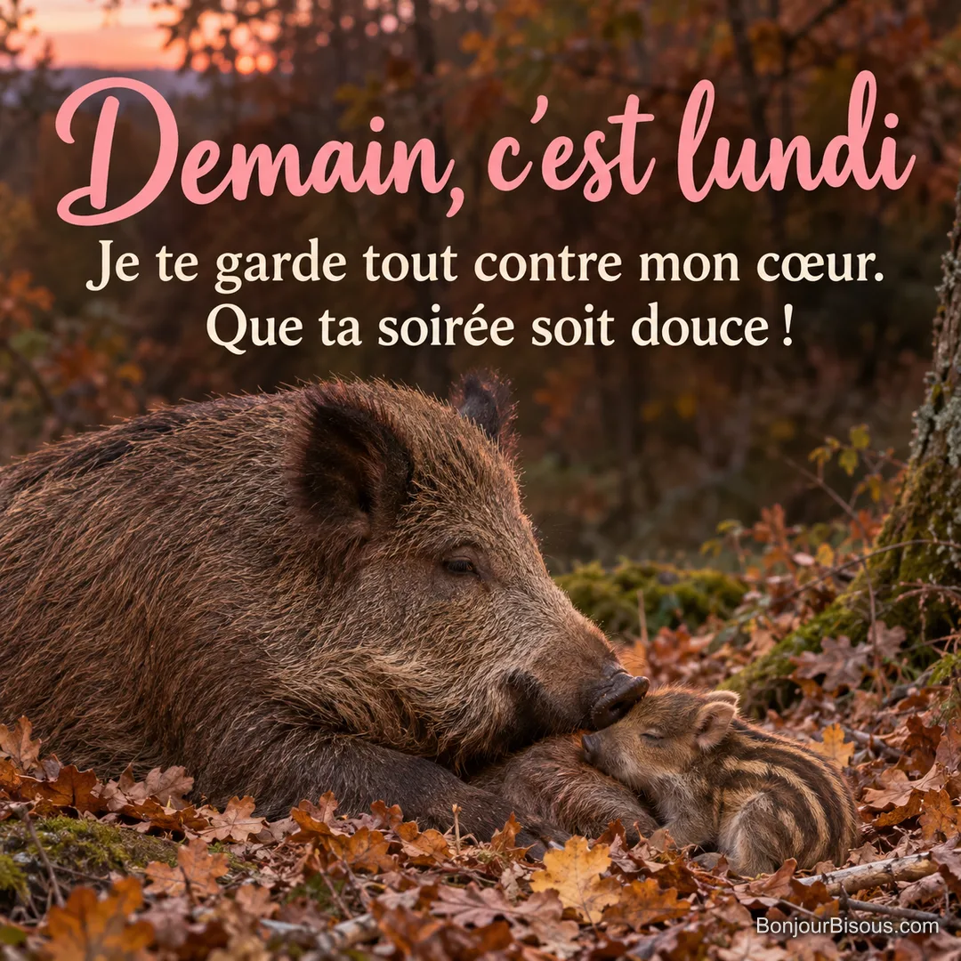 Une laie et son petit marcassin rayé se blottissent à l’orée d’une forêt du Morvan, avec le message « Demain, c’est lundi Je te garde tout contre mon cœur. Que ta soirée soit douce ! ». Une laie et son petit marcassin rayé se blottissent à l’orée d’une forêt du Morvan, avec le message « Demain, c’est lundi Je te garde tout contre mon cœur. Que ta soirée soit douce ! ».