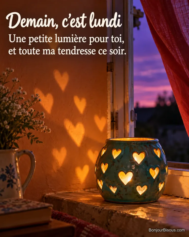 Un photophore turquoise projette des cœurs lumineux près d’une fenêtre du soir, avec le message « Demain, c’est lundi Une petite lumière pour toi, et toute ma tendresse ce soir. ».