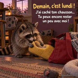 Un raton laveur tire un grand chausson jaune derrière un sac rouge dans la lumière du dimanche soir, avec le texte « Demain, c’est lundi ! J’ai caché ton chausson… Tu peux encore rester un peu avec moi ! ».