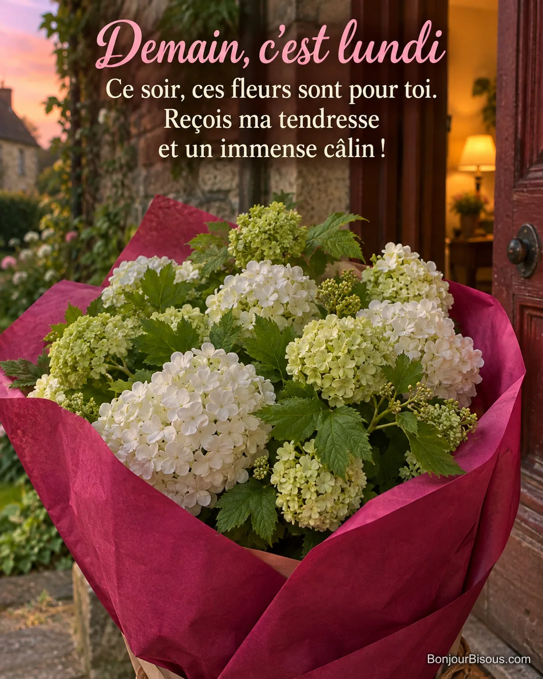 Un bouquet de viorne boule-de-neige dans un papier magenta en cœur attend devant une porte éclairée le dimanche soir, avec le texte « Demain, c’est lundi Ce soir, ces fleurs sont pour toi. Reçois ma tendresse et un immense câlin ! ». Un bouquet de viorne boule-de-neige dans un papier magenta en cœur attend devant une porte éclairée le dimanche soir, avec le texte « Demain, c’est lundi Ce soir, ces fleurs sont pour toi. Reçois ma tendresse et un immense câlin ! ».
