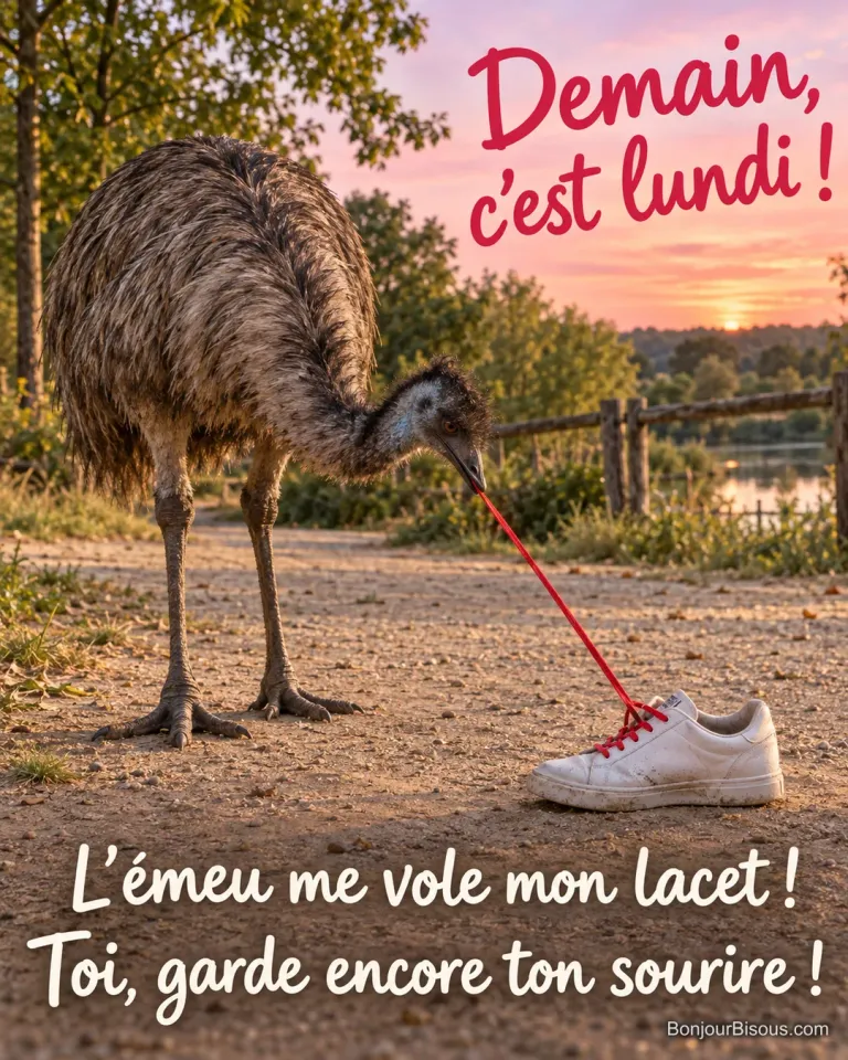 Un émeu tire de son bec le lacet rouge d’une basket vide dans un parc animalier au soir. Le message est : « Demain, c’est lundi ! L’émeu me vole mon lacet ! Toi, garde encore ton sourire ! ».