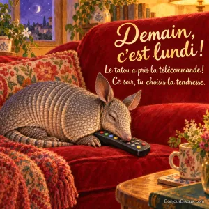 Un petit tatou dort avec la tête posée sur la télécommande dans un canapé rouge. Le message est : « Demain, c’est lundi ! Le tatou a pris la télécommande ! Ce soir, tu choisis la tendresse. ».