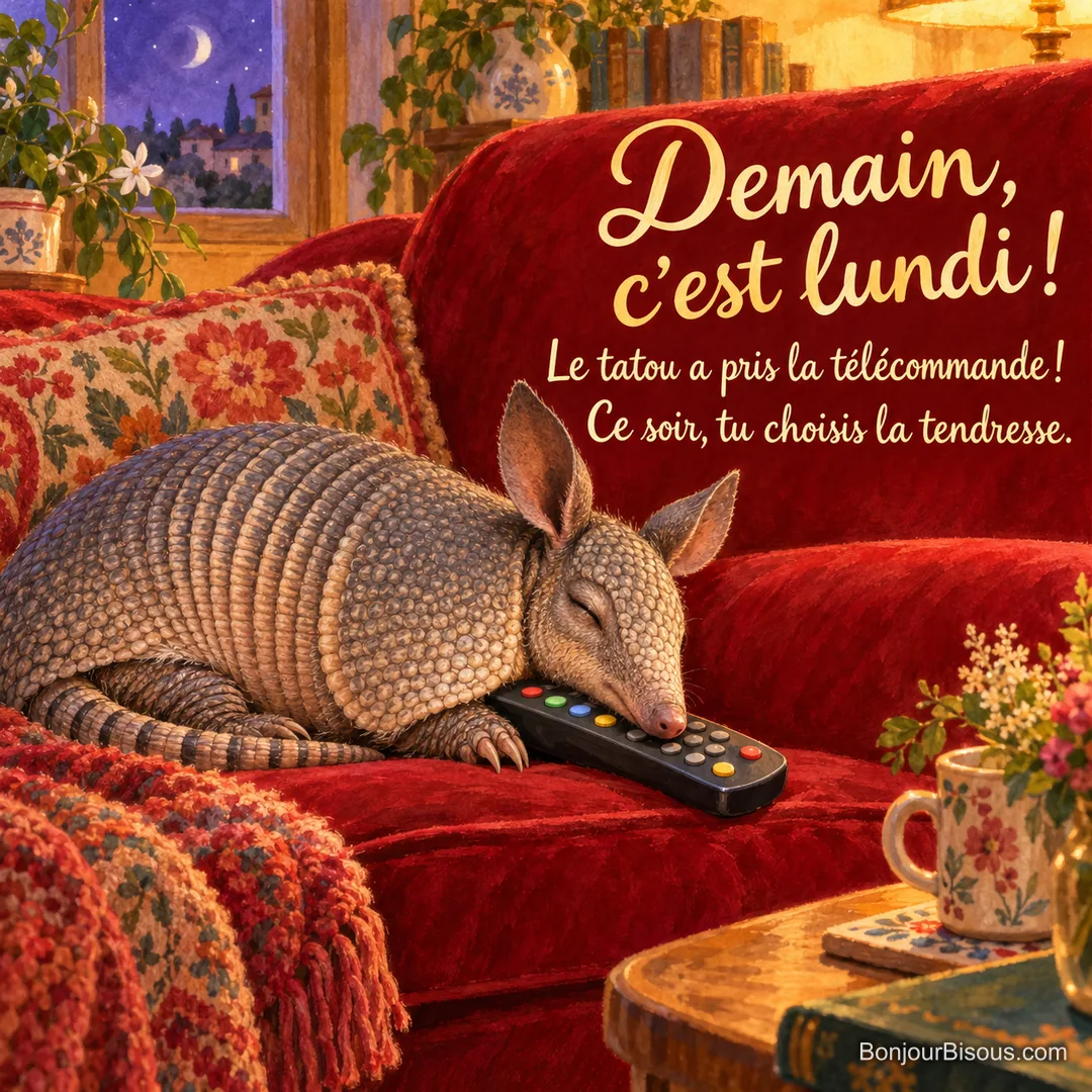 Un petit tatou dort avec la tête posée sur la télécommande dans un canapé rouge. Le message est : « Demain, c’est lundi ! Le tatou a pris la télécommande ! Ce soir, tu choisis la tendresse. ».