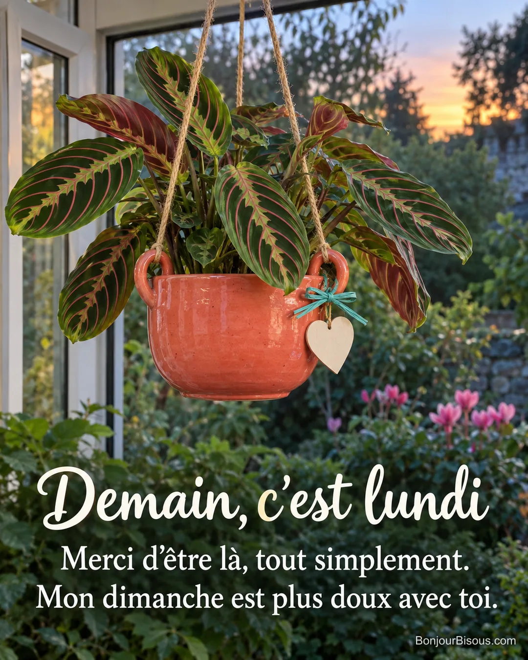 Une maranta aux nervures roses est offerte dans une suspension corail devant un jardin au crépuscule. Le message est : « Demain, c’est lundi Merci d’être là, tout simplement. Mon dimanche est plus doux avec toi. ». Une maranta aux nervures roses est offerte dans une suspension corail devant un jardin au crépuscule. Le message est : « Demain, c’est lundi Merci d’être là, tout simplement. Mon dimanche est plus doux avec toi. ».