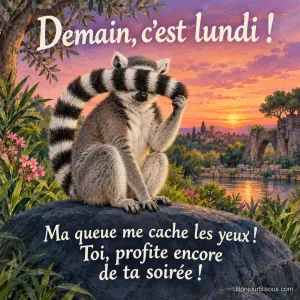 Un lémurien s’est caché les yeux avec sa longue queue annelée comme avec un masque de sommeil. Le message est : « Demain, c’est lundi ! Ma queue me cache les yeux ! Toi, profite encore de ta soirée ! ».