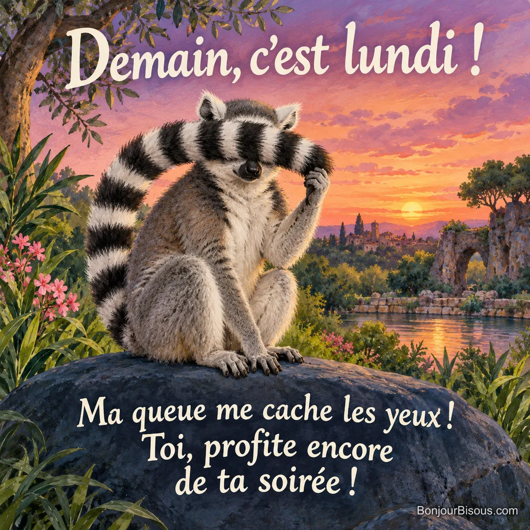 Un lémurien s’est caché les yeux avec sa longue queue annelée comme avec un masque de sommeil. Le message est : « Demain, c’est lundi ! Ma queue me cache les yeux ! Toi, profite encore de ta soirée ! ».