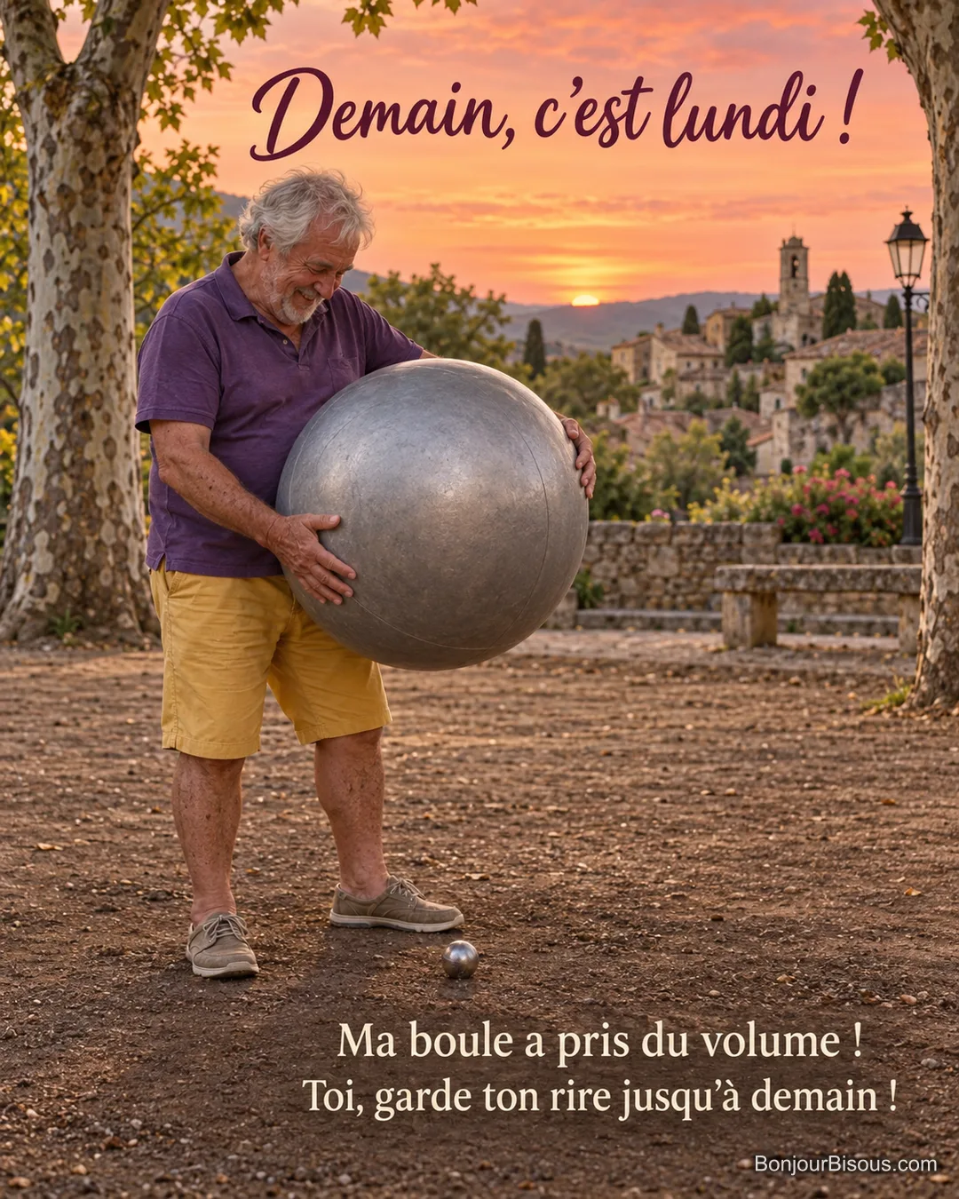 Un homme découvre une énorme boule gonflable argentée à côté d’une petite boule de pétanque. Le message est : « Demain, c’est lundi ! Ma boule a pris du volume ! Toi, garde ton rire jusqu’à demain ! ». Un homme découvre une énorme boule gonflable argentée à côté d’une petite boule de pétanque. Le message est : « Demain, c’est lundi ! Ma boule a pris du volume ! Toi, garde ton rire jusqu’à demain ! ».