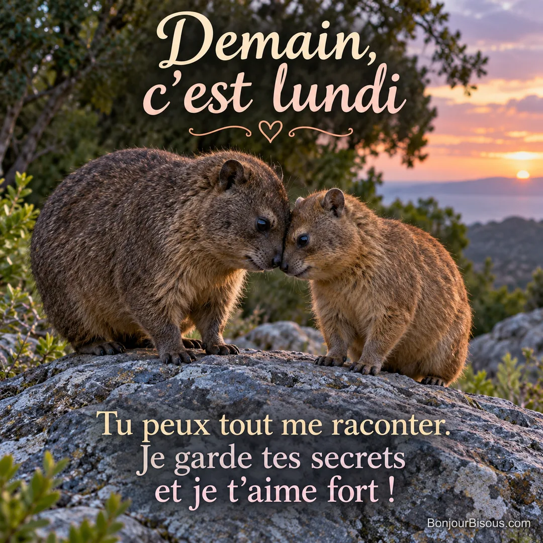 Deux damans de pelages différents rapprochent doucement leurs fronts sur un rocher au crépuscule. Le message est : « Demain, c’est lundi Tu peux tout me raconter. Je garde tes secrets et je t’aime fort ! ».