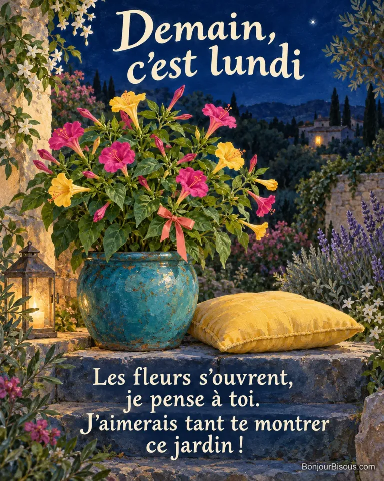 Des belles-de-nuit roses et jaunes s’ouvrent près d’une place préparée pour une amie au jardin. Le message est : « Demain, c’est lundi Les fleurs s’ouvrent, je pense à toi. J’aimerais tant te montrer ce jardin ! ».