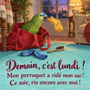 Un perroquet vert jette une chaussette hors d’un sac rouge qu’il a vidé dans un salon au crépuscule. Le message est : « Demain, c’est lundi ! Mon perroquet a vidé mon sac ! Ce soir, ris encore avec moi ! ».