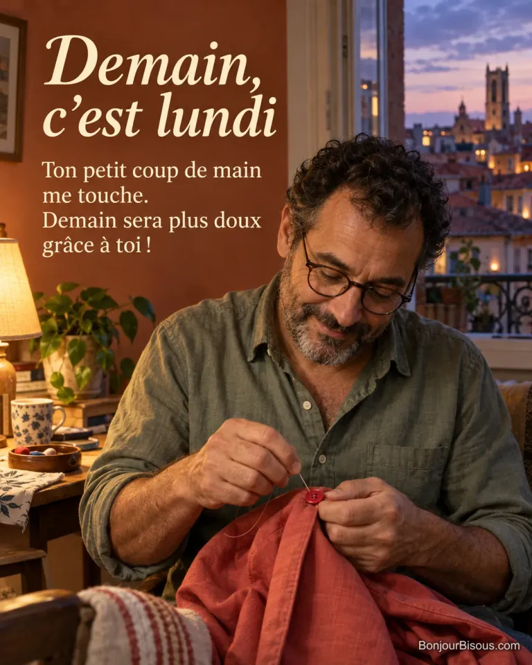 Un homme de 52 ans recoud un bouton rouge sur la veste d’une personne chère, le dimanche soir. Le message est : « Demain, c’est lundi Ton petit coup de main me touche. Demain sera plus doux grâce à toi ! ».