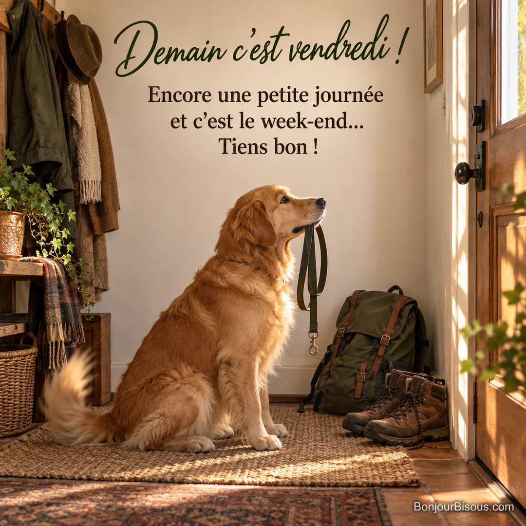 Photo d’un golden retriever assis dans une entrée avec sa laisse dans la gueule, un sac à dos et des chaussures de randonnée près de la porte, avec le texte « Demain c’est vendredi ! Encore une petite journée et c’est le week-end… Tiens bon ! »