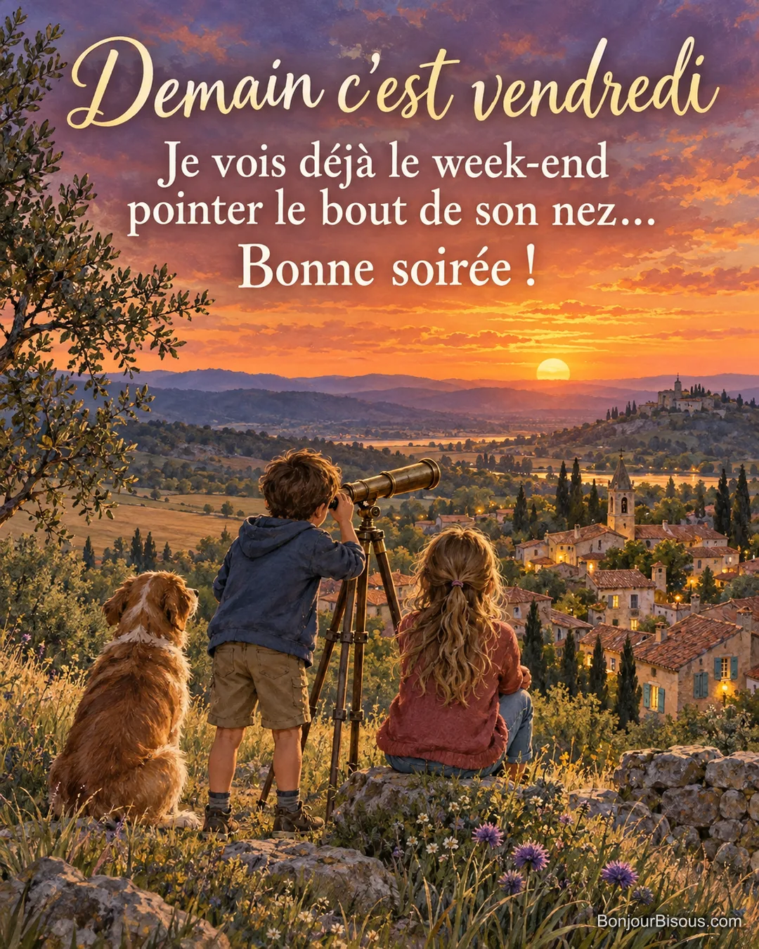 Peinture de deux enfants vus de dos sur une colline, l’un regarde dans une longue-vue, avec un chien, au-dessus d’un village provençal au coucher du soleil, avec le texte « Demain c’est vendredi – Je vois déjà le week-end pointer le bout de son nez… Bonne soirée ! » Peinture de deux enfants vus de dos sur une colline, l’un regarde dans une longue-vue, avec un chien, au-dessus d’un village provençal au coucher du soleil, avec le texte « Demain c’est vendredi – Je vois déjà le week-end pointer le bout de son nez… Bonne soirée ! »