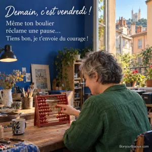 Une femme déplace une bille sur un boulier rouge dans un atelier lyonnais, avec le texte « Demain, c’est vendredi ! Même ton boulier réclame une pause… Tiens bon, je t’envoie du courage ! ».