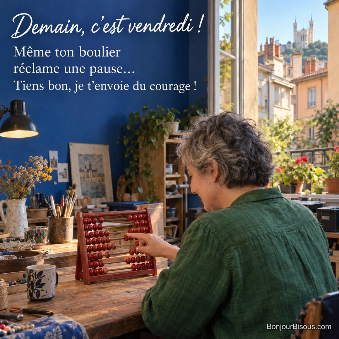 Une femme déplace une bille sur un boulier rouge dans un atelier lyonnais, avec le texte « Demain, c’est vendredi ! Même ton boulier réclame une pause… Tiens bon, je t’envoie du courage ! ». Une femme déplace une bille sur un boulier rouge dans un atelier lyonnais, avec le texte « Demain, c’est vendredi ! Même ton boulier réclame une pause… Tiens bon, je t’envoie du courage ! ».