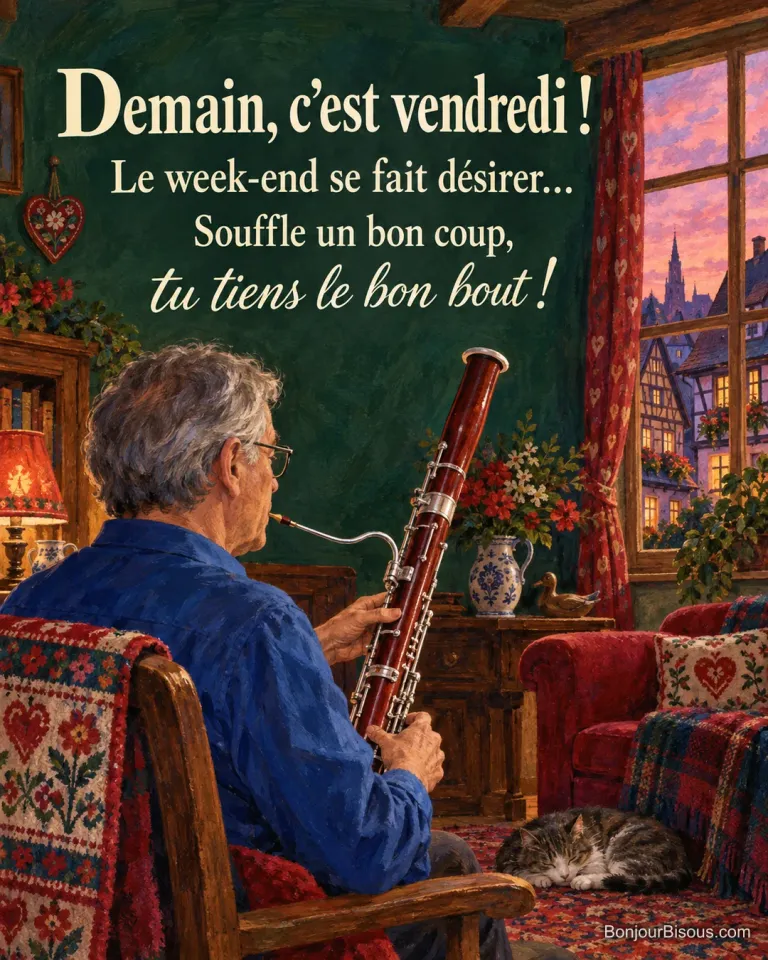 Un musicien joue du basson près d’un chat endormi dans un salon alsacien, avec le texte « Demain, c’est vendredi ! Le week-end se fait désirer… Souffle un bon coup, tu tiens le bon bout ! ».