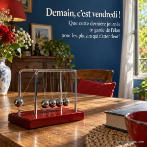 Un pendule de Newton à cinq billes garde son élan près d’une fenêtre ouverte, avec le texte « Demain, c’est vendredi ! Que cette dernière journée te garde de l’élan pour les plaisirs qui t’attendent ! ».