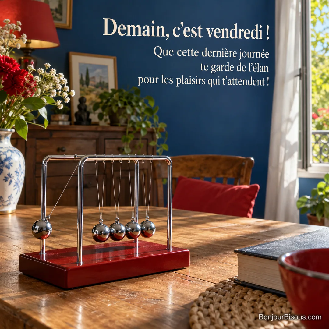 Un pendule de Newton à cinq billes garde son élan près d’une fenêtre ouverte, avec le texte « Demain, c’est vendredi ! Que cette dernière journée te garde de l’élan pour les plaisirs qui t’attendent ! ». Un pendule de Newton à cinq billes garde son élan près d’une fenêtre ouverte, avec le texte « Demain, c’est vendredi ! Que cette dernière journée te garde de l’élan pour les plaisirs qui t’attendent ! ».