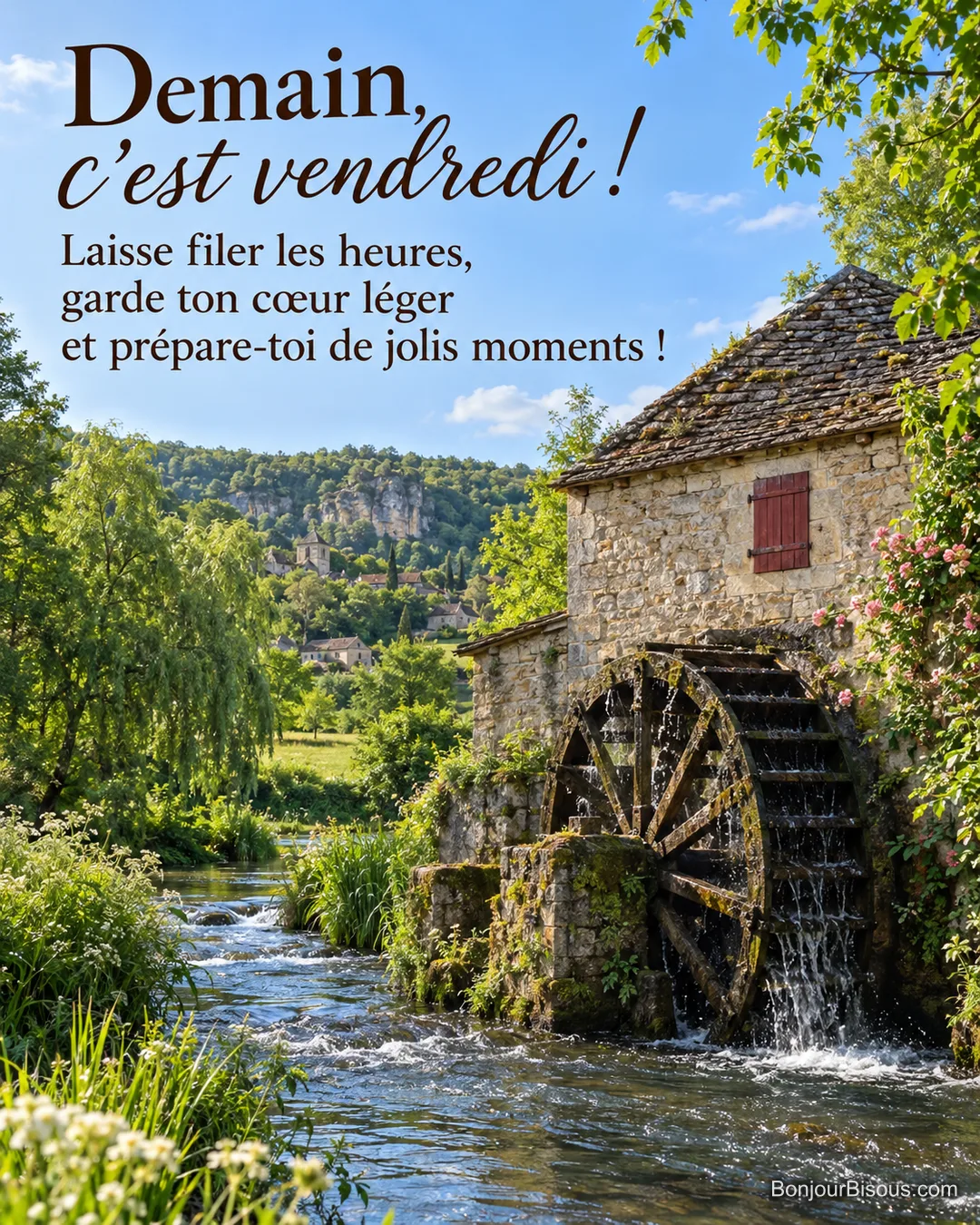 La roue à aubes d’un moulin de Dordogne tourne dans un ruisseau lumineux, avec le texte « Demain, c’est vendredi ! Laisse filer les heures, garde ton cœur léger et prépare-toi de jolis moments ! ». La roue à aubes d’un moulin de Dordogne tourne dans un ruisseau lumineux, avec le texte « Demain, c’est vendredi ! Laisse filer les heures, garde ton cœur léger et prépare-toi de jolis moments ! ».