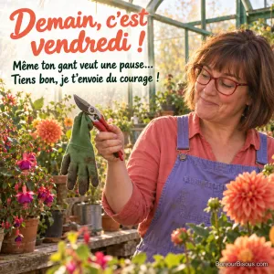 Une horticultrice sourit devant son gant suspendu sous un sécateur dans une serre fleurie, avec le texte « Demain, c’est vendredi ! Même ton gant veut une pause… Tiens bon, je t’envoie du courage ! ».