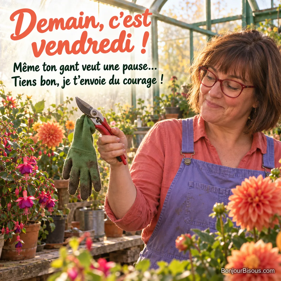 Une horticultrice sourit devant son gant suspendu sous un sécateur dans une serre fleurie, avec le texte « Demain, c’est vendredi ! Même ton gant veut une pause… Tiens bon, je t’envoie du courage ! ». Une horticultrice sourit devant son gant suspendu sous un sécateur dans une serre fleurie, avec le texte « Demain, c’est vendredi ! Même ton gant veut une pause… Tiens bon, je t’envoie du courage ! ».