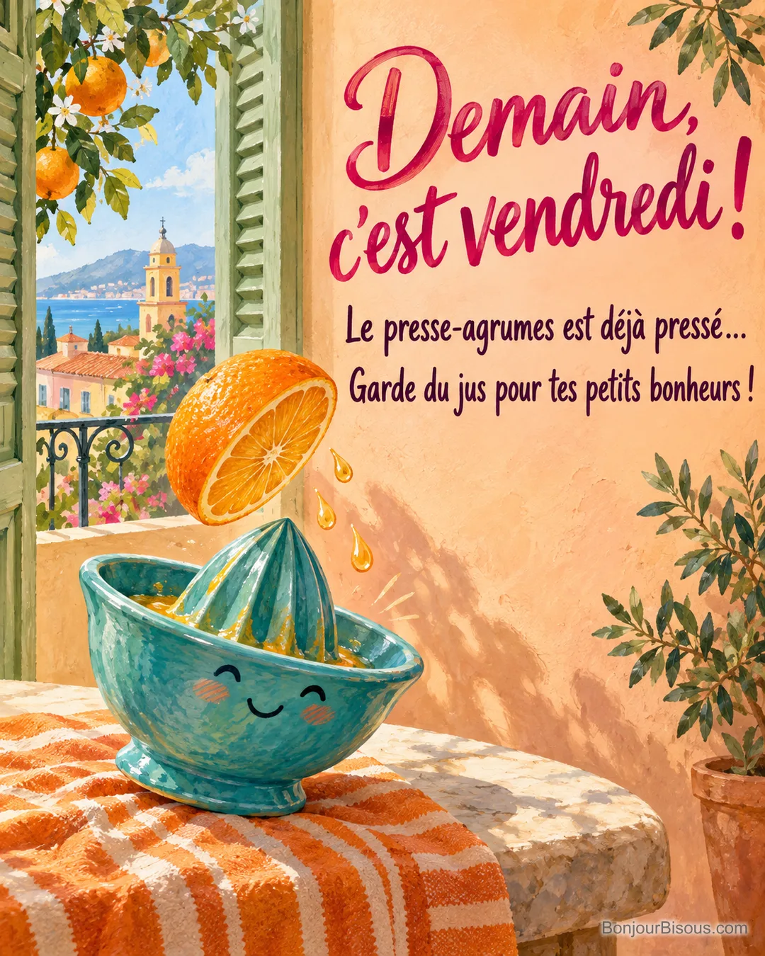 Un presse-agrumes turquoise souriant fait bondir une moitié d’orange au-dessus de son cône, avec le texte « Demain, c’est vendredi ! Le presse-agrumes est déjà pressé… Garde du jus pour tes petits bonheurs ! ». Un presse-agrumes turquoise souriant fait bondir une moitié d’orange au-dessus de son cône, avec le texte « Demain, c’est vendredi ! Le presse-agrumes est déjà pressé… Garde du jus pour tes petits bonheurs ! ».