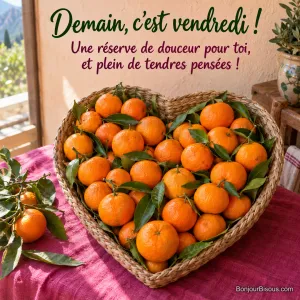 Une corbeille en forme de cœur déborde de clémentines orange et de feuilles vertes sur un linge framboise, avec le texte « Demain, c’est vendredi ! Une réserve de douceur pour toi, et plein de tendres pensées ! ».