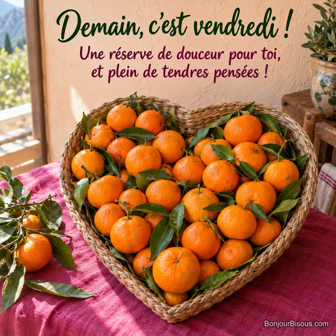 Une corbeille en forme de cœur déborde de clémentines orange et de feuilles vertes sur un linge framboise, avec le texte « Demain, c’est vendredi ! Une réserve de douceur pour toi, et plein de tendres pensées ! ». Une corbeille en forme de cœur déborde de clémentines orange et de feuilles vertes sur un linge framboise, avec le texte « Demain, c’est vendredi ! Une réserve de douceur pour toi, et plein de tendres pensées ! ».