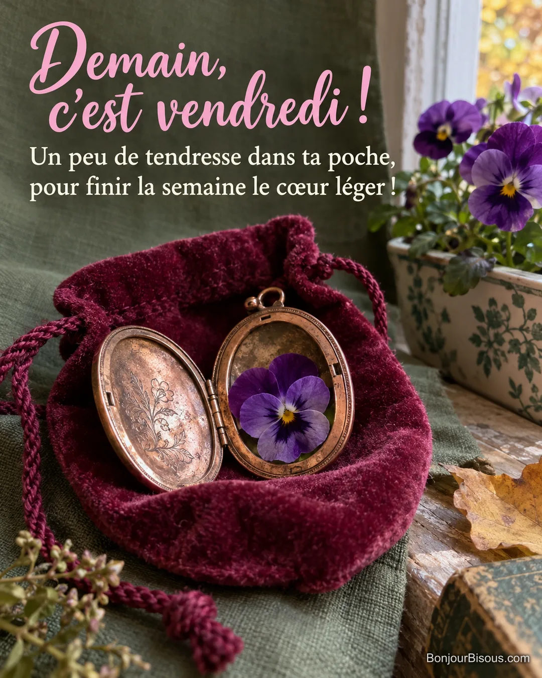 Un médaillon cuivré ouvert accueille une pensée violette sur une pochette en velours framboise, avec le texte « Demain, c’est vendredi ! Un peu de tendresse dans ta poche, pour finir la semaine le cœur léger ! ». Un médaillon cuivré ouvert accueille une pensée violette sur une pochette en velours framboise, avec le texte « Demain, c’est vendredi ! Un peu de tendresse dans ta poche, pour finir la semaine le cœur léger ! ».