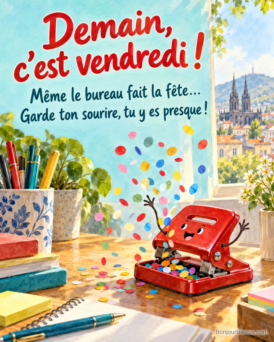 Une perforatrice rouge souriante projette des confettis multicolores hors de son bac, avec le texte « Demain, c’est vendredi ! Même le bureau fait la fête… Garde ton sourire, tu y es presque ! ». Une perforatrice rouge souriante projette des confettis multicolores hors de son bac, avec le texte « Demain, c’est vendredi ! Même le bureau fait la fête… Garde ton sourire, tu y es presque ! ».