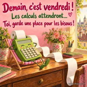 Une calculatrice verte se prélasse dans une petite chaise longue rose tandis que son rouleau de papier se déroule, avec le texte « Demain, c’est vendredi ! Les calculs attendront… Toi, garde une place pour les bisous ! ».