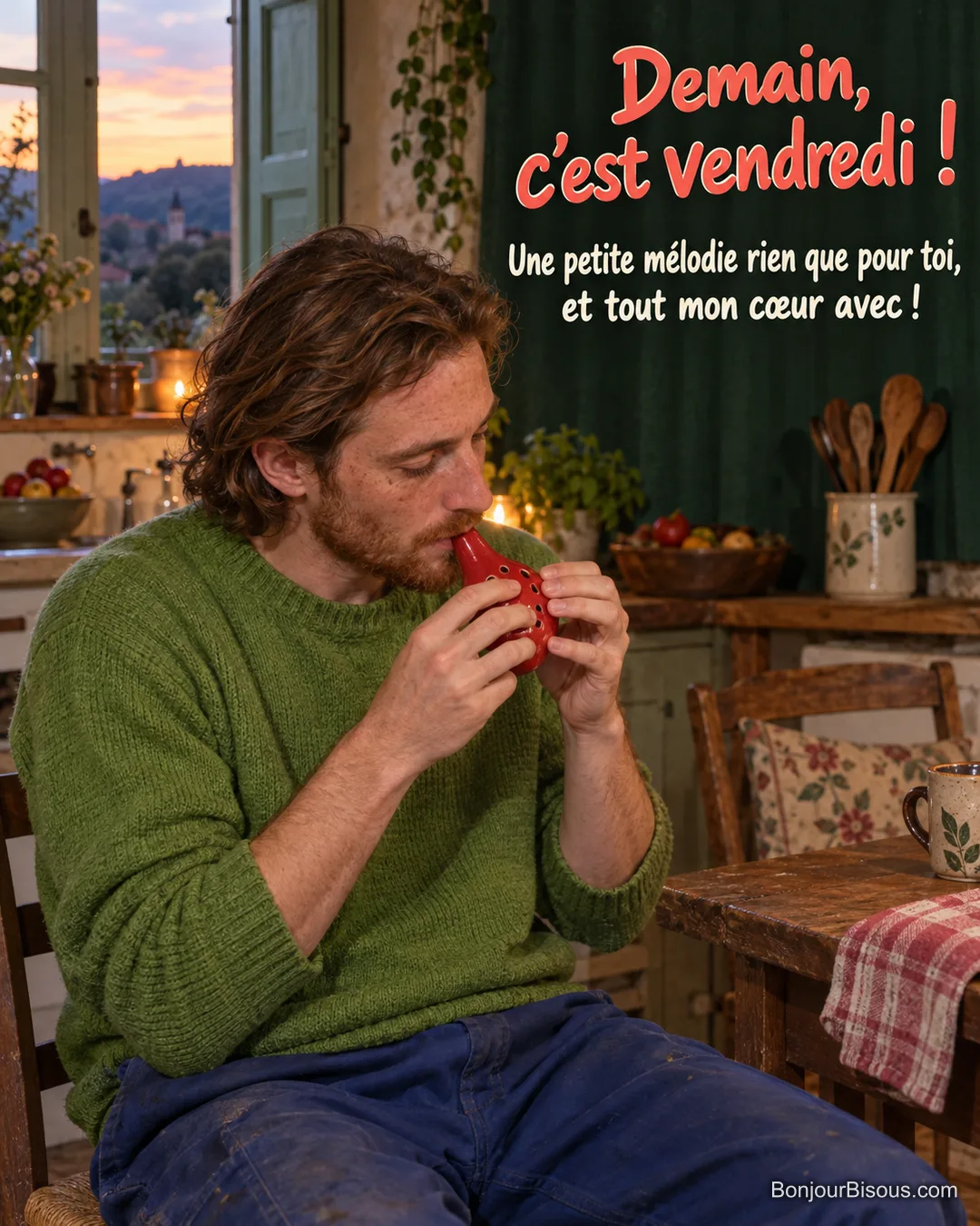 Un jeune homme en pull vert joue d’un ocarina rouge dans une cuisine auvergnate au crépuscule, avec le texte « Demain, c’est vendredi ! Une petite mélodie rien que pour toi, et tout mon cœur avec ! ». Un jeune homme en pull vert joue d’un ocarina rouge dans une cuisine auvergnate au crépuscule, avec le texte « Demain, c’est vendredi ! Une petite mélodie rien que pour toi, et tout mon cœur avec ! ».
