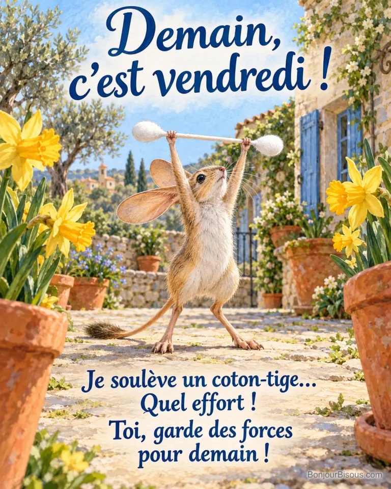 Une petite gerboise soulève un coton-tige comme une grande barre d’haltérophilie entre des pots de narcisses jaunes. Le message est : « Demain, c’est vendredi ! Je soulève un coton-tige… Quel effort ! Toi, garde des forces pour demain ! ».