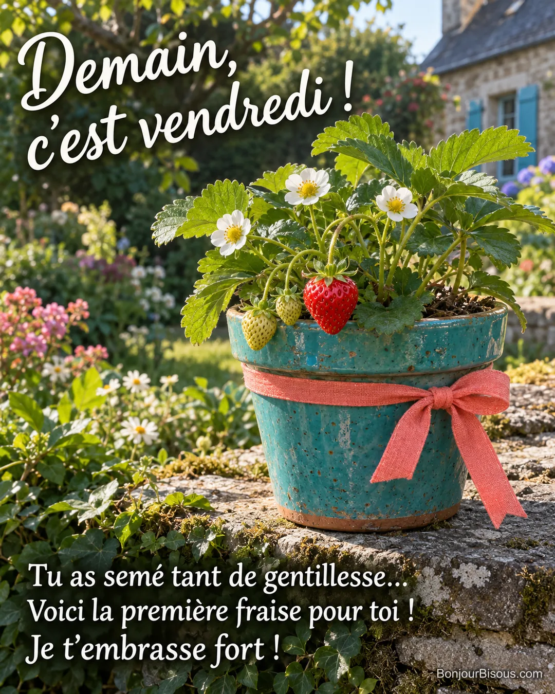 La première fraise rouge d’un petit fraisier est réservée à un proche, avec un ruban corail noué au pot turquoise. Le message est : « Demain, c’est vendredi ! Tu as semé tant de gentillesse… Voici la première fraise pour toi ! Je t’embrasse fort ! ». La première fraise rouge d’un petit fraisier est réservée à un proche, avec un ruban corail noué au pot turquoise. Le message est : « Demain, c’est vendredi ! Tu as semé tant de gentillesse… Voici la première fraise pour toi ! Je t’embrasse fort ! ».