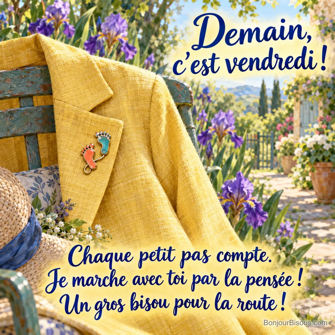 Une broche en émail relie deux petites empreintes corail et turquoise sur une veste jaune, symbole d’un encouragement amical à chaque pas. Le message est : « Demain, c’est vendredi ! Chaque petit pas compte. Je marche avec toi par la pensée ! Un gros bisou pour la route ! ». Une broche en émail relie deux petites empreintes corail et turquoise sur une veste jaune, symbole d’un encouragement amical à chaque pas. Le message est : « Demain, c’est vendredi ! Chaque petit pas compte. Je marche avec toi par la pensée ! Un gros bisou pour la route ! ».
