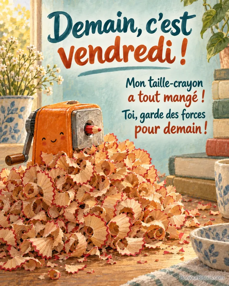 Un taille-crayon orange a presque entièrement avalé un crayon rouge et croule sous une montagne de copeaux. Le message est : « Demain, c’est vendredi ! Mon taille-crayon a tout mangé ! Toi, garde des forces pour demain ! ».
