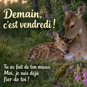 Un jeune faon repose sa tête contre le poitrail de sa mère, dans une clairière de fin de journée. Le message est : « Demain, c’est vendredi ! Tu as fait de ton mieux. Moi, je suis déjà fier de toi ! ».