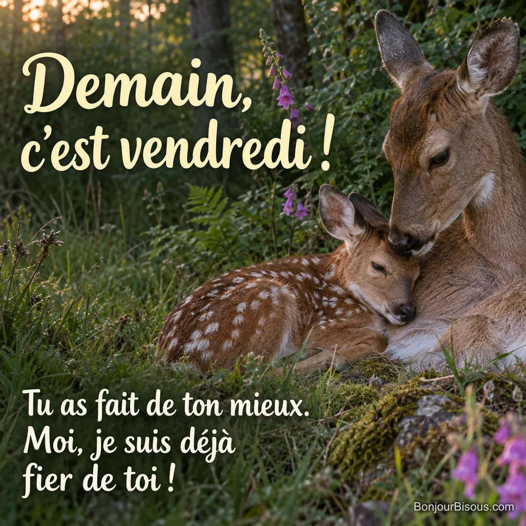 Un jeune faon repose sa tête contre le poitrail de sa mère, dans une clairière de fin de journée. Le message est : « Demain, c’est vendredi ! Tu as fait de ton mieux. Moi, je suis déjà fier de toi ! ». Un jeune faon repose sa tête contre le poitrail de sa mère, dans une clairière de fin de journée. Le message est : « Demain, c’est vendredi ! Tu as fait de ton mieux. Moi, je suis déjà fier de toi ! ».