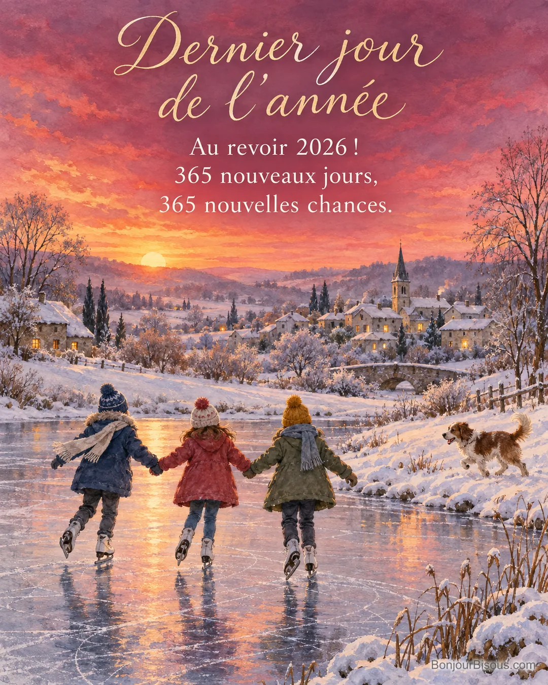 Peinture de trois enfants en bonnets vus de dos qui patinent sur un étang gelé au coucher du soleil, un chien sur la berge enneigée et un village avec son clocher, avec le texte « Dernier jour de l’année – Au revoir 2026 ! 365 nouveaux jours, 365 nouvelles chances. » Peinture de trois enfants en bonnets vus de dos qui patinent sur un étang gelé au coucher du soleil, un chien sur la berge enneigée et un village avec son clocher, avec le texte « Dernier jour de l’année – Au revoir 2026 ! 365 nouveaux jours, 365 nouvelles chances. »