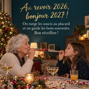 Photo d’une grand-mère et d’une fillette face à face qui soufflent dans des langues de belle-mère colorées, devant un sapin illuminé et une table de réveillon, avec le texte « Au revoir 2026, bonjour 2027 ! On range les soucis au placard et on garde les bons souvenirs. Bon réveillon ! »