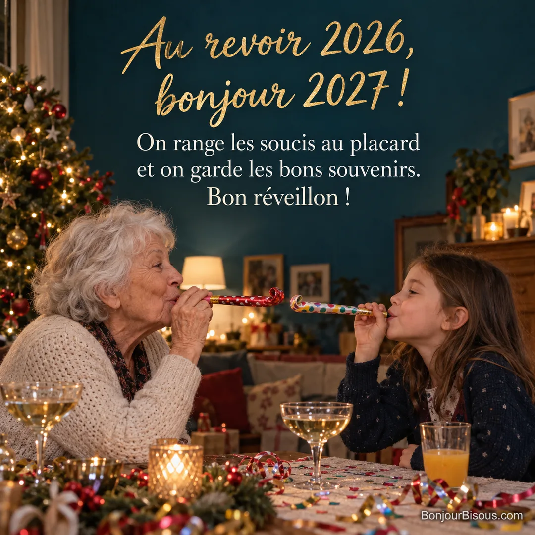 Photo d’une grand-mère et d’une fillette face à face qui soufflent dans des langues de belle-mère colorées, devant un sapin illuminé et une table de réveillon, avec le texte « Au revoir 2026, bonjour 2027 ! On range les soucis au placard et on garde les bons souvenirs. Bon réveillon ! » Photo d’une grand-mère et d’une fillette face à face qui soufflent dans des langues de belle-mère colorées, devant un sapin illuminé et une table de réveillon, avec le texte « Au revoir 2026, bonjour 2027 ! On range les soucis au placard et on garde les bons souvenirs. Bon réveillon ! »